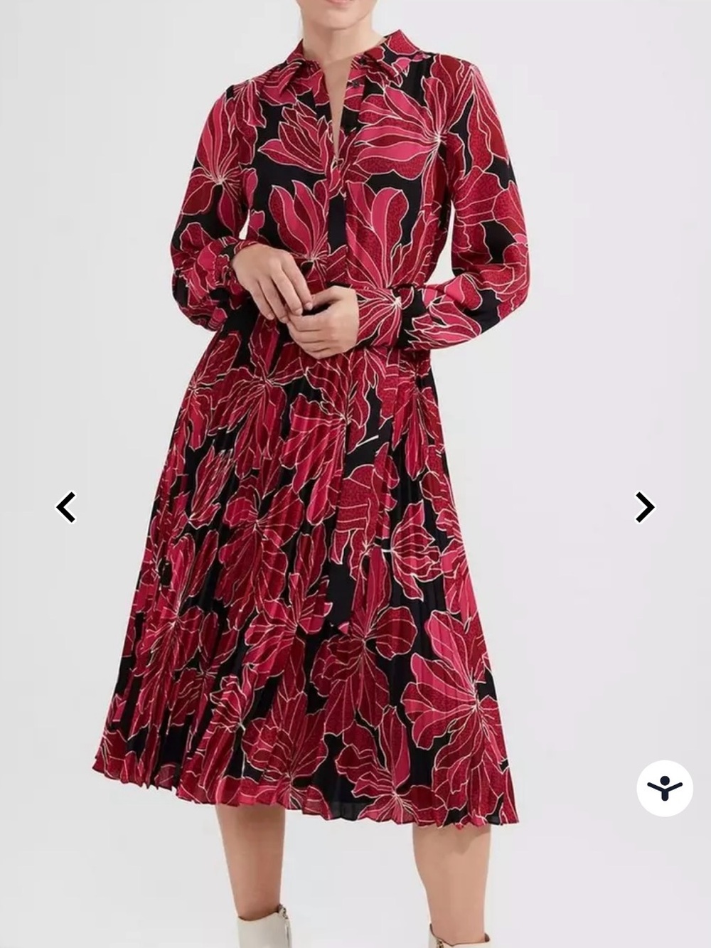 Pleated Floral Midi Dress in Red and Black
